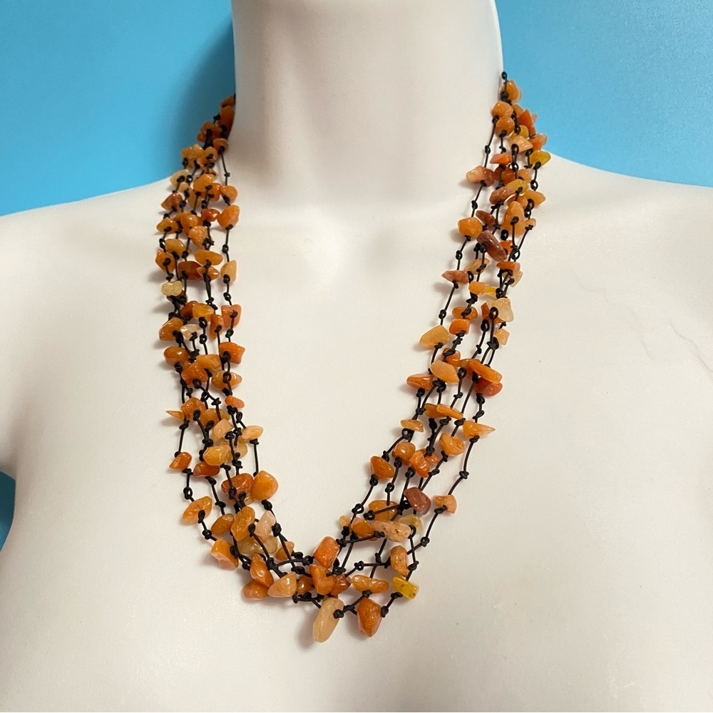 Stone Chip Beads Multi-Strand Black Cord Necklace Boho Tribal Style